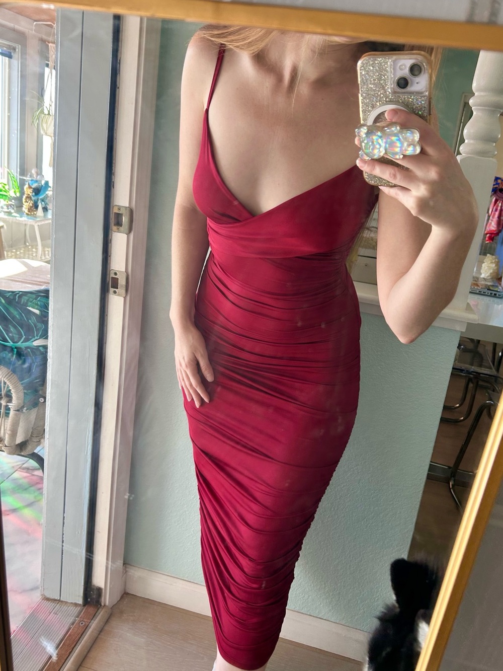 Red Ruched Slip Midi Dress -